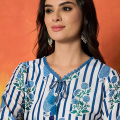 Stylum Women's Blue Striped & Floral Printed Rayon A-Line Kurti With Farshi Salwar (KSBLUEMABISH)
