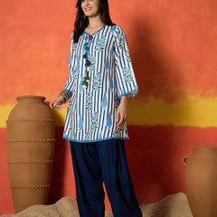 Stylum Women's Blue Striped & Floral Printed Rayon A-Line Kurti With Farshi Salwar (KSBLUEMABISH)
