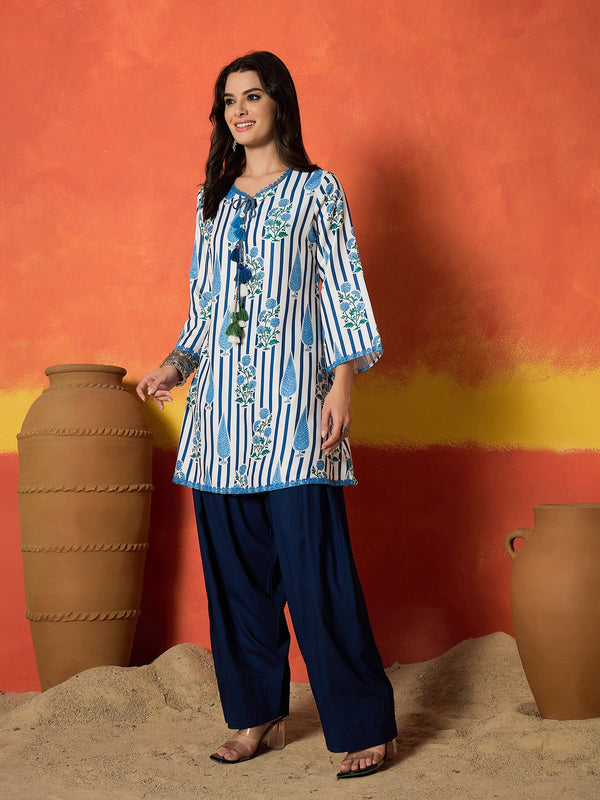 Stylum Women's Blue Striped & Floral Printed Rayon A-Line Kurti With Farshi Salwar (KSBLUEMABISH)
