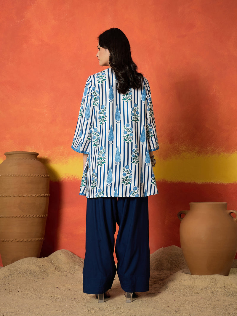 Stylum Women's Blue Striped & Floral Printed Rayon A-Line Kurti With Farshi Salwar (KSBLUEMABISH)
