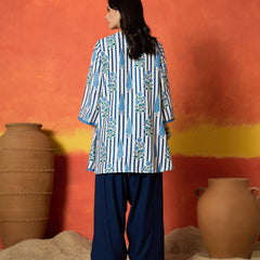Stylum Women's Blue Striped & Floral Printed Rayon A-Line Kurti With Farshi Salwar (KSBLUEMABISH)
