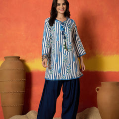 Stylum Women's Blue Striped & Floral Printed Rayon A-Line Kurti With Farshi Salwar (KSBLUEMABISH)