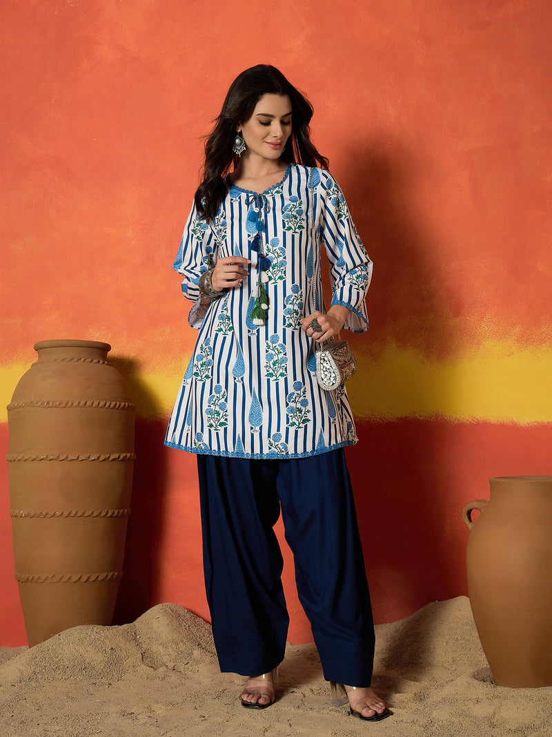 Stylum Women's Blue Striped & Floral Printed Rayon A-Line Kurti With Farshi Salwar (KSBLUEMABISH)