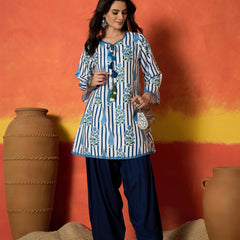 Stylum Women's Blue Striped & Floral Printed Rayon A-Line Kurti With Farshi Salwar (KSBLUEMABISH)
