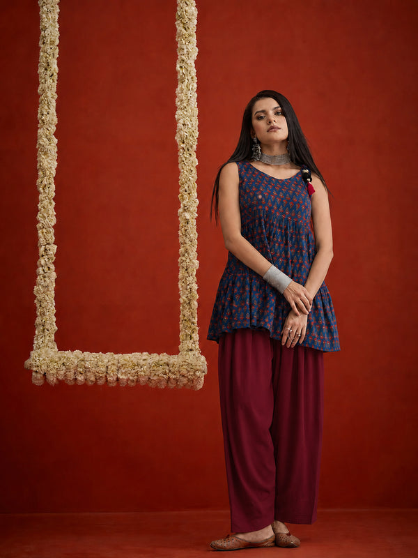Stylum Women's Blue Buti Printed Cotton A-Line Short Kurti With Farshi Salwar (KSBLUESONIYO)