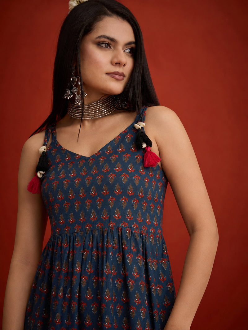 Stylum Women's Blue Buti Printed Cotton A-Line Short Kurti With Farshi Salwar (KSBLUESONIYO)