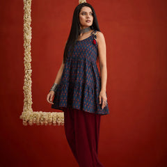 Stylum Women's Blue Buti Printed Cotton A-Line Short Kurti With Farshi Salwar (KSBLUESONIYO)