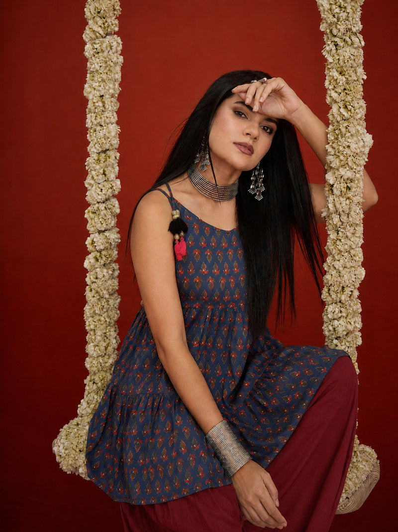 Stylum Women's Blue Buti Printed Cotton A-Line Short Kurti With Farshi Salwar (KSBLUESONIYO)