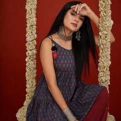 Stylum Women's Blue Buti Printed Cotton A-Line Short Kurti With Farshi Salwar (KSBLUESONIYO)
