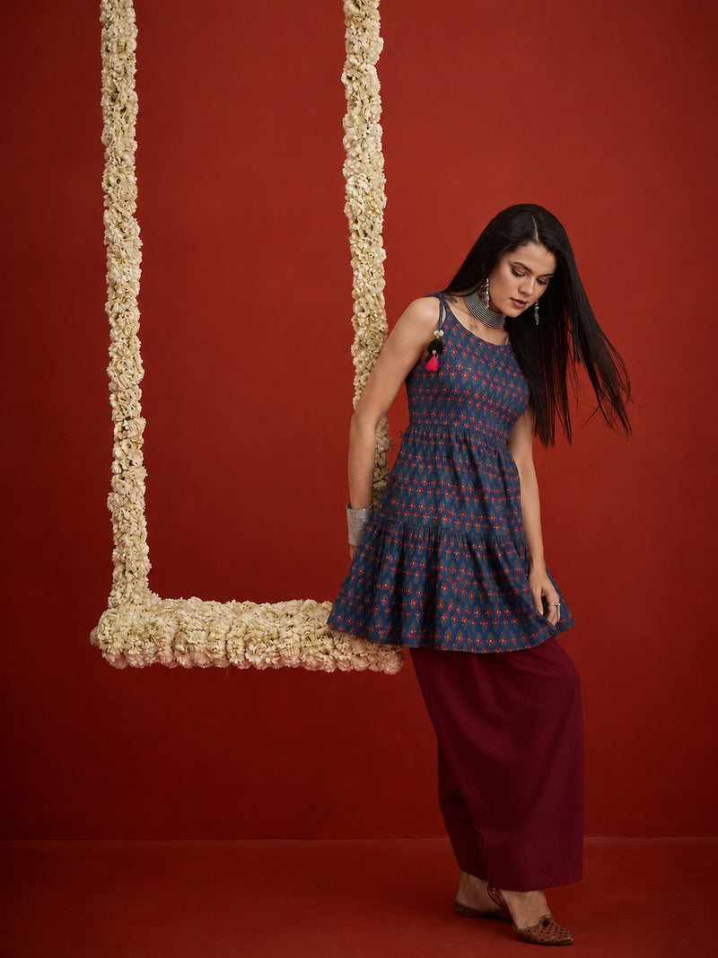 Stylum Women's Blue Buti Printed Cotton A-Line Short Kurti With Farshi Salwar (KSBLUESONIYO)
