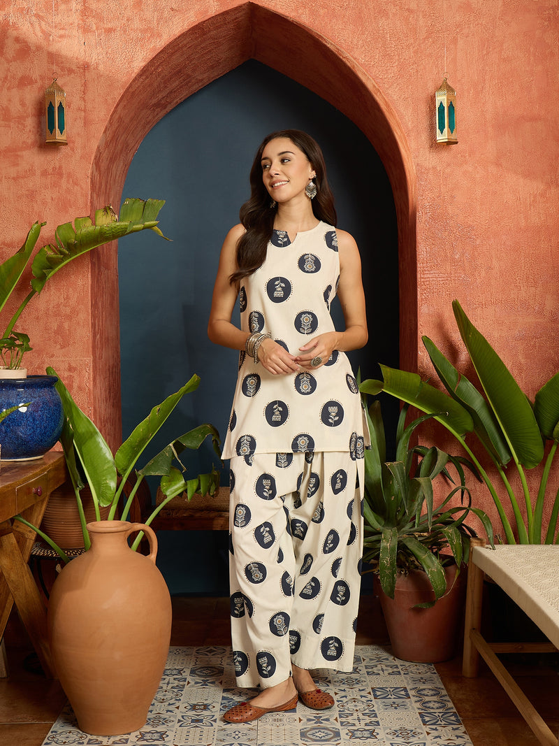 Stylum Women's Blue Block Printed Cotton Flex Straight Kurti With Farshi Salwar Set (KSBLUESPRING)