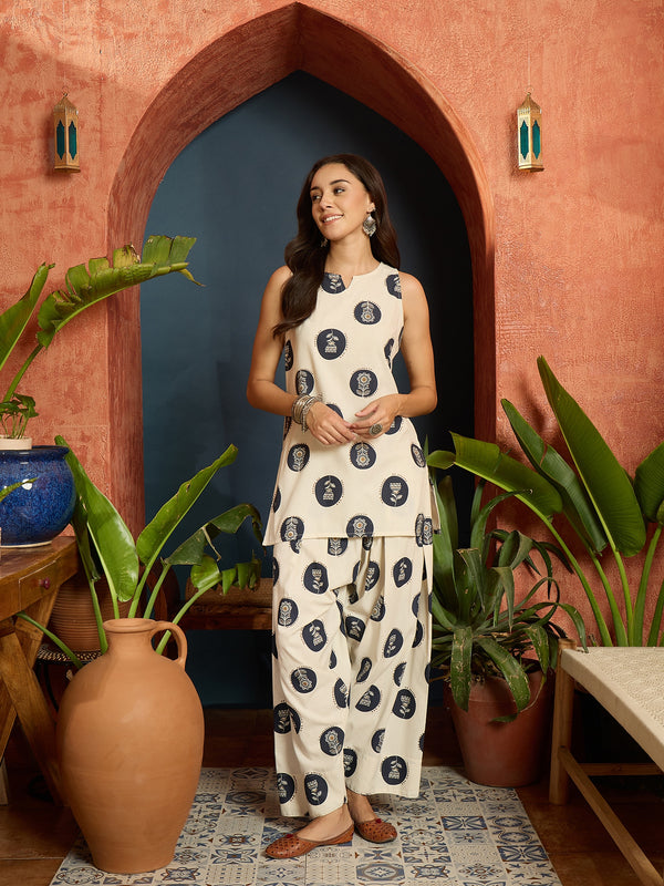 Stylum Women's Blue Block Printed Cotton Flex Straight Kurti With Farshi Salwar Set (KSBLUESPRING)