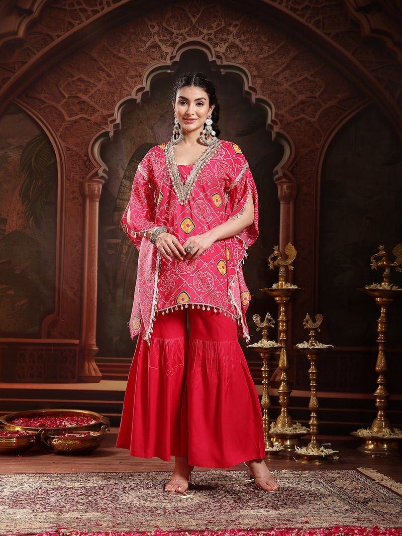 Stylum Women's Pink Bandhani Printed & Embroidered Crepe Kaftan Sharara Set (KSCORALSANDHYA)