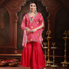 Stylum Women's Pink Bandhani Printed & Embroidered Crepe Kaftan Sharara Set (KSCORALSANDHYA)