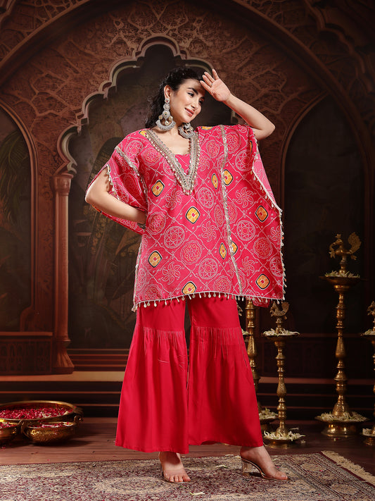 Stylum Women's Pink Bandhani Printed & Embroidered Crepe Kaftan Sharara Set (KSCORALSANDHYA)