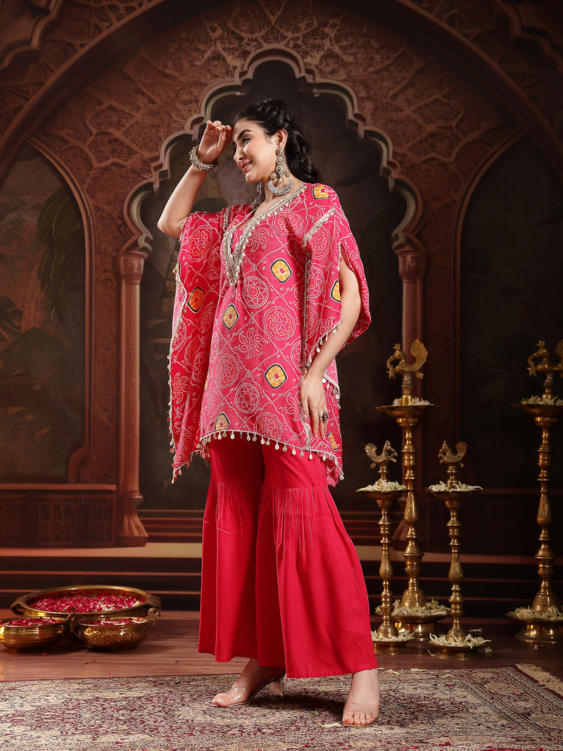 Stylum Women's Pink Bandhani Printed & Embroidered Crepe Kaftan Sharara Set (KSCORALSANDHYA)