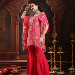 Stylum Women's Pink Bandhani Printed & Embroidered Crepe Kaftan Sharara Set (KSCORALSANDHYA)