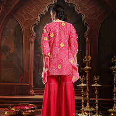 Stylum Women's Pink Bandhani Printed & Embroidered Crepe Kaftan Sharara Set (KSCORALSANDHYA)