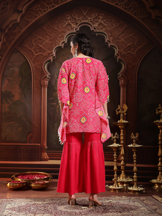 Stylum Women's Pink Bandhani Printed & Embroidered Crepe Kaftan Sharara Set (KSCORALSANDHYA)