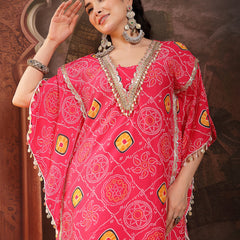 Stylum Women's Pink Bandhani Printed & Embroidered Crepe Kaftan Sharara Set (KSCORALSANDHYA)
