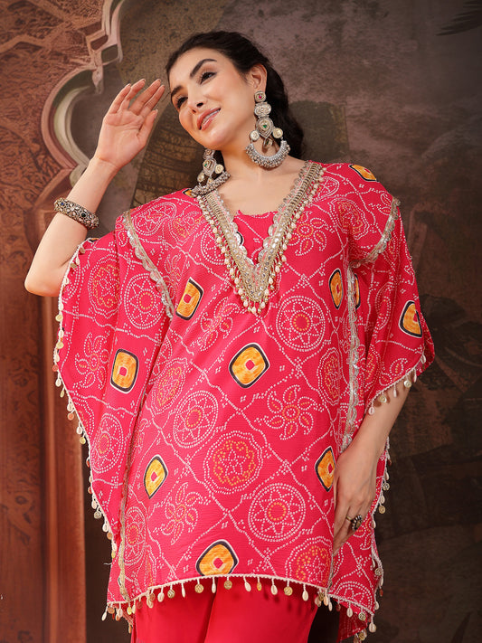 Stylum Women's Pink Bandhani Printed & Embroidered Crepe Kaftan Sharara Set (KSCORALSANDHYA)