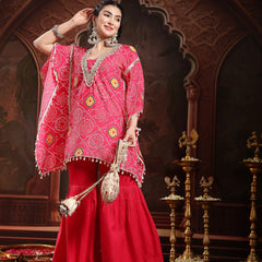 Stylum Women's Pink Bandhani Printed & Embroidered Crepe Kaftan Sharara Set (KSCORALSANDHYA)