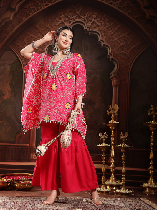 Stylum Women's Pink Bandhani Printed & Embroidered Crepe Kaftan Sharara Set (KSCORALSANDHYA)
