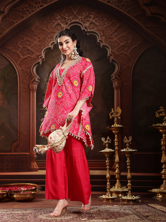 Stylum Women's Pink Bandhani Printed & Embroidered Crepe Kaftan Sharara Set (KSCORALSANDHYA)