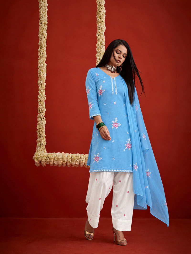 Stylum Women's Aqua Embroidered Pure Silk Straight Kurta Farshi Salwar With Dupatta Set (KSDAQUAGARVIT)