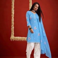 Stylum Women's Aqua Embroidered Pure Silk Straight Kurta Farshi Salwar With Dupatta Set (KSDAQUAGARVIT)