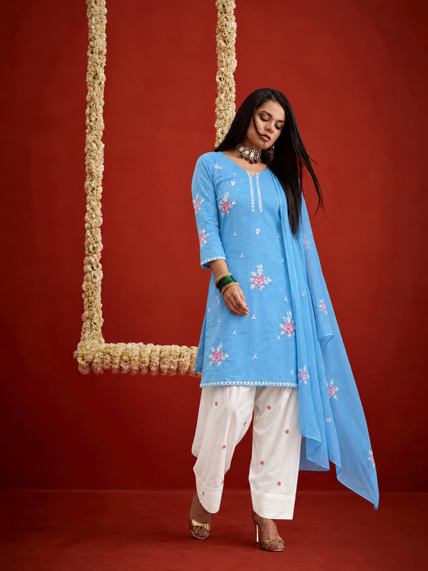 Stylum Women's Aqua Embroidered Pure Silk Straight Kurta Farshi Salwar With Dupatta Set (KSDAQUAGARVIT)