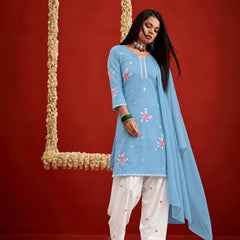 Stylum Women's Aqua Embroidered Pure Silk Straight Kurta Farshi Salwar With Dupatta Set (KSDAQUAGARVIT)