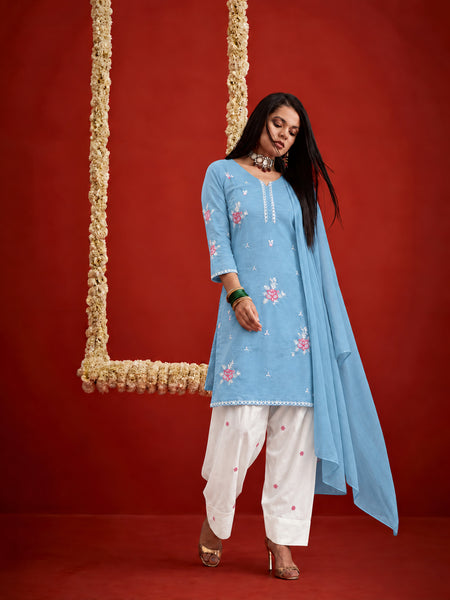 Stylum Women's Aqua Embroidered Pure Silk Straight Kurta Farshi Salwar With Dupatta Set (KSDAQUAGARVIT)
