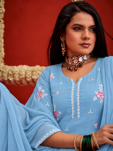 Stylum Women's Aqua Embroidered Pure Silk Straight Kurta Farshi Salwar With Dupatta Set (KSDAQUAGARVIT)