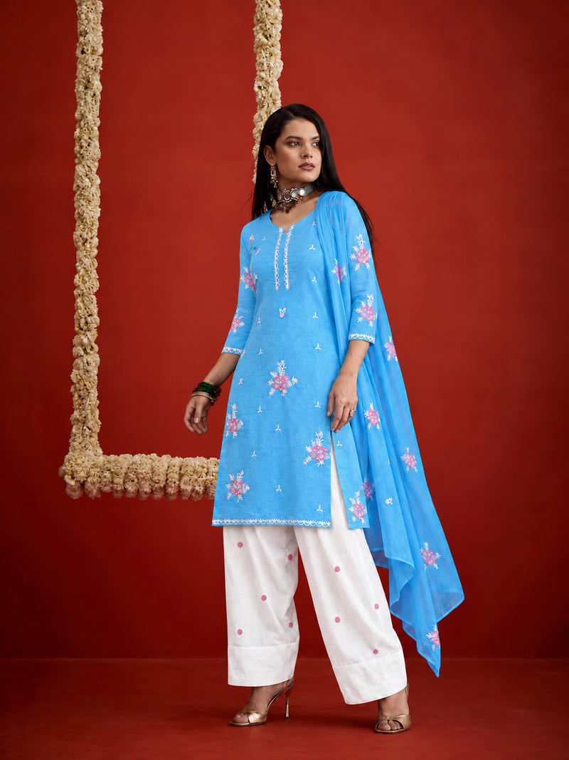Stylum Women's Aqua Embroidered Pure Silk Straight Kurta Farshi Salwar With Dupatta Set (KSDAQUAGARVIT)