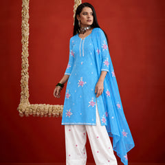 Stylum Women's Aqua Embroidered Pure Silk Straight Kurta Farshi Salwar With Dupatta Set (KSDAQUAGARVIT)