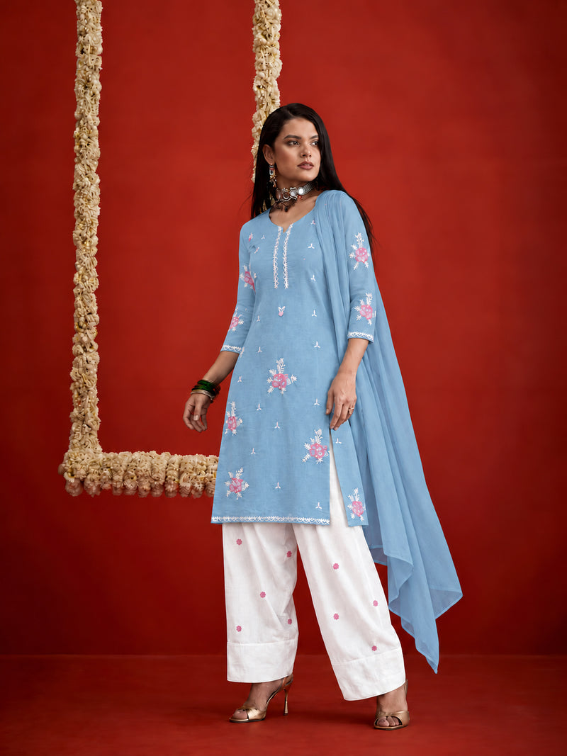 Stylum Women's Aqua Embroidered Pure Silk Straight Kurta Farshi Salwar With Dupatta Set (KSDAQUAGARVIT)