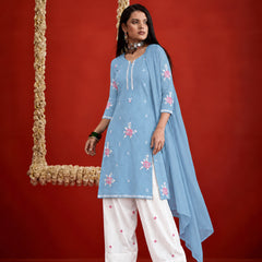 Stylum Women's Aqua Embroidered Pure Silk Straight Kurta Farshi Salwar With Dupatta Set (KSDAQUAGARVIT)