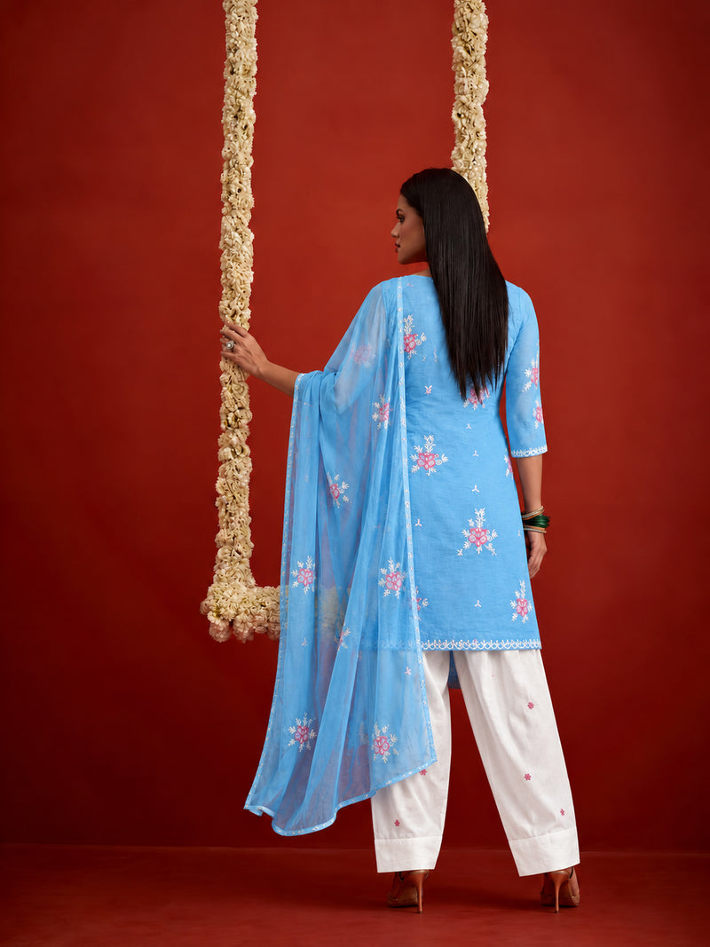 Stylum Women's Aqua Embroidered Pure Silk Straight Kurta Farshi Salwar With Dupatta Set (KSDAQUAGARVIT)