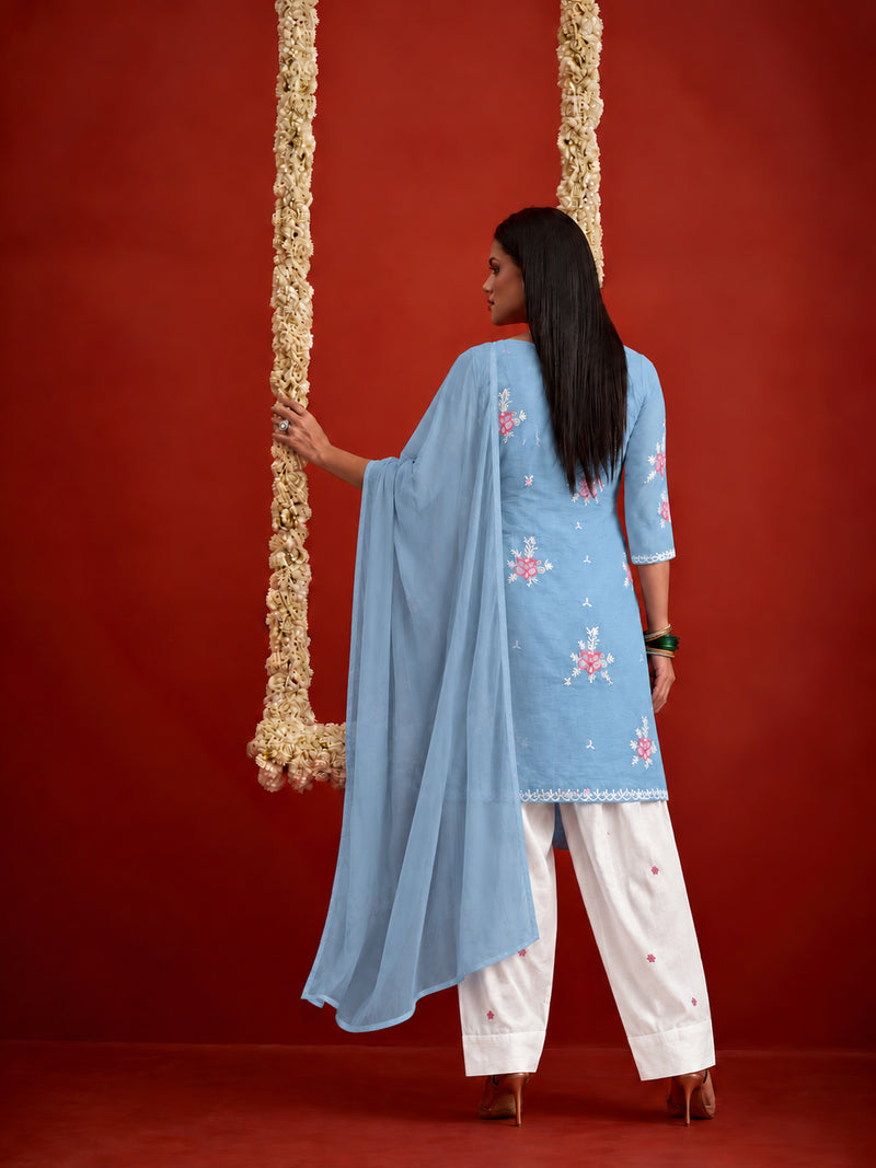 Stylum Women's Aqua Embroidered Pure Silk Straight Kurta Farshi Salwar With Dupatta Set (KSDAQUAGARVIT)