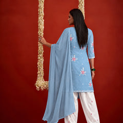 Stylum Women's Aqua Embroidered Pure Silk Straight Kurta Farshi Salwar With Dupatta Set (KSDAQUAGARVIT)