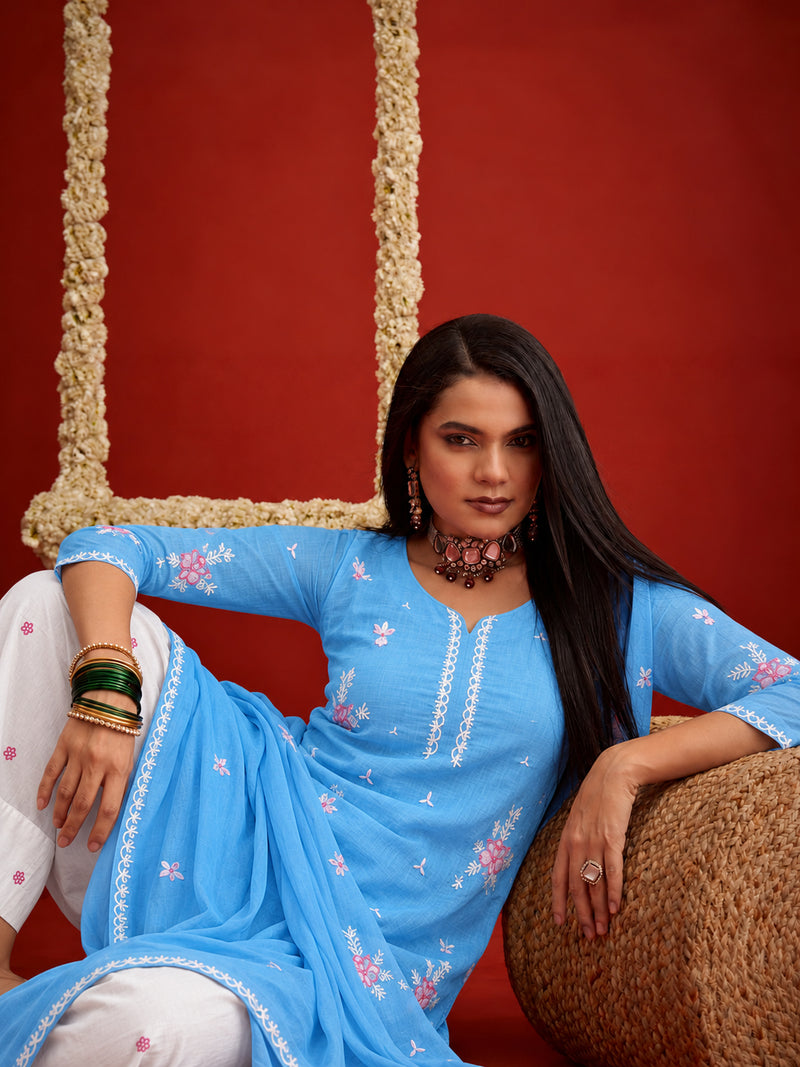 Stylum Women's Aqua Embroidered Pure Silk Straight Kurta Farshi Salwar With Dupatta Set (KSDAQUAGARVIT)