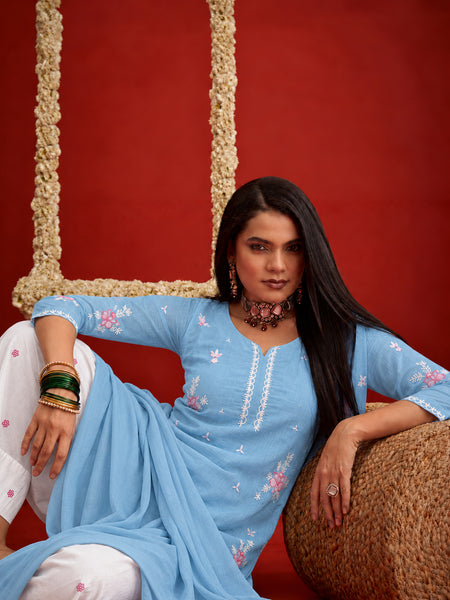 Stylum Women's Aqua Embroidered Pure Silk Straight Kurta Farshi Salwar With Dupatta Set (KSDAQUAGARVIT)