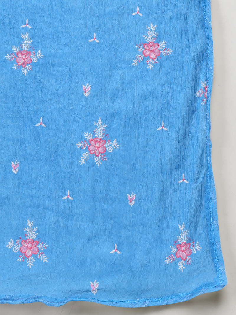 Stylum Women's Aqua Embroidered Pure Silk Straight Kurta Farshi Salwar With Dupatta Set (KSDAQUAGARVIT)