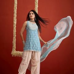 Stylum Women's Sky Blue Ethnic Motifs Printed & Embroidered Rayon Straight Short Kurti Farshi Salwar Dupatta Set (KSDAQUASARGI)