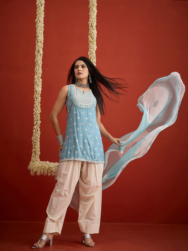 Stylum Women's Sky Blue Ethnic Motifs Printed & Embroidered Rayon Straight Short Kurti Farshi Salwar Dupatta Set (KSDAQUASARGI)