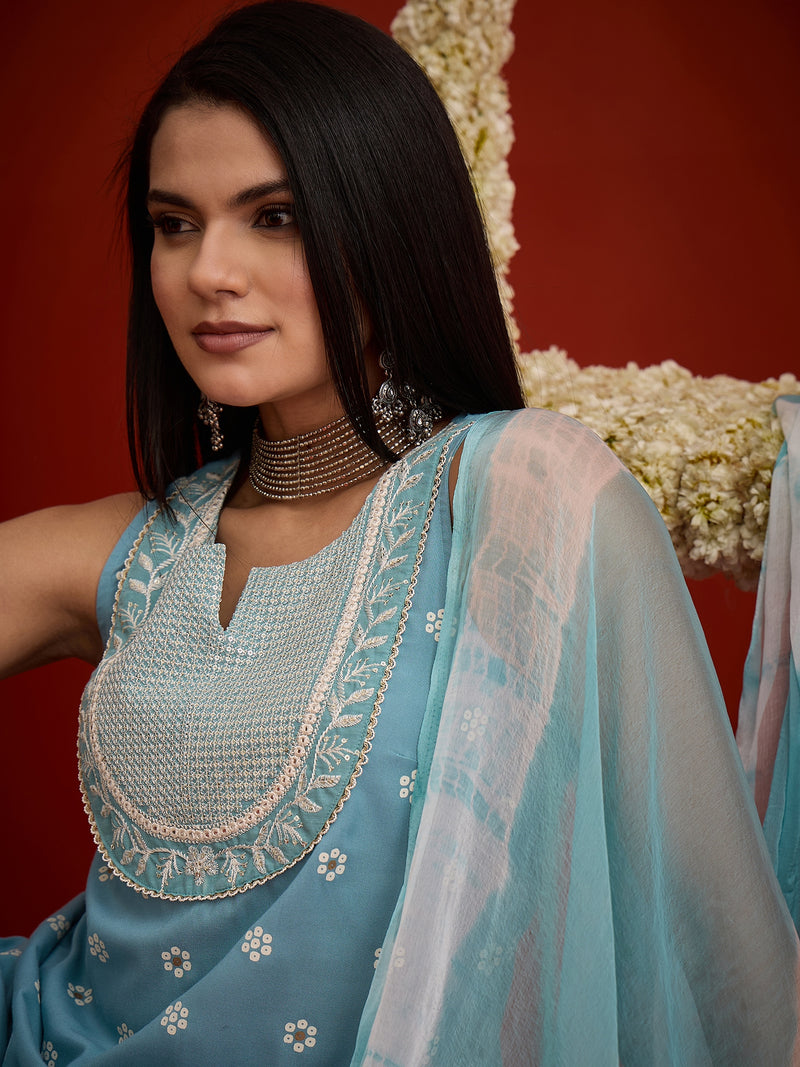 Stylum Women's Sky Blue Ethnic Motifs Printed & Embroidered Rayon Straight Short Kurti Farshi Salwar Dupatta Set (KSDAQUASARGI)