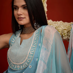 Stylum Women's Sky Blue Ethnic Motifs Printed & Embroidered Rayon Straight Short Kurti Farshi Salwar Dupatta Set (KSDAQUASARGI)