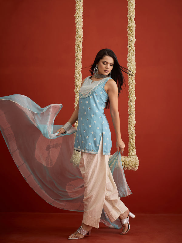 Stylum Women's Sky Blue Ethnic Motifs Printed & Embroidered Rayon Straight Short Kurti Farshi Salwar Dupatta Set (KSDAQUASARGI)