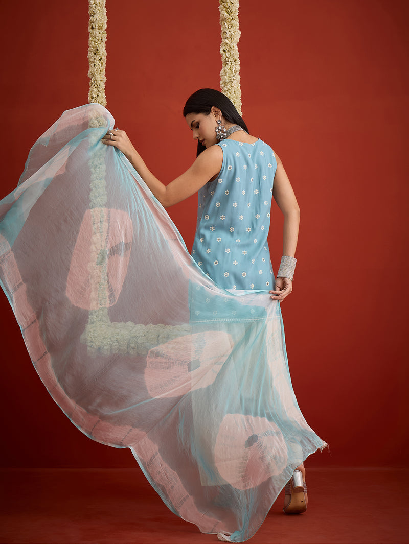 Stylum Women's Sky Blue Ethnic Motifs Printed & Embroidered Rayon Straight Short Kurti Farshi Salwar Dupatta Set (KSDAQUASARGI)